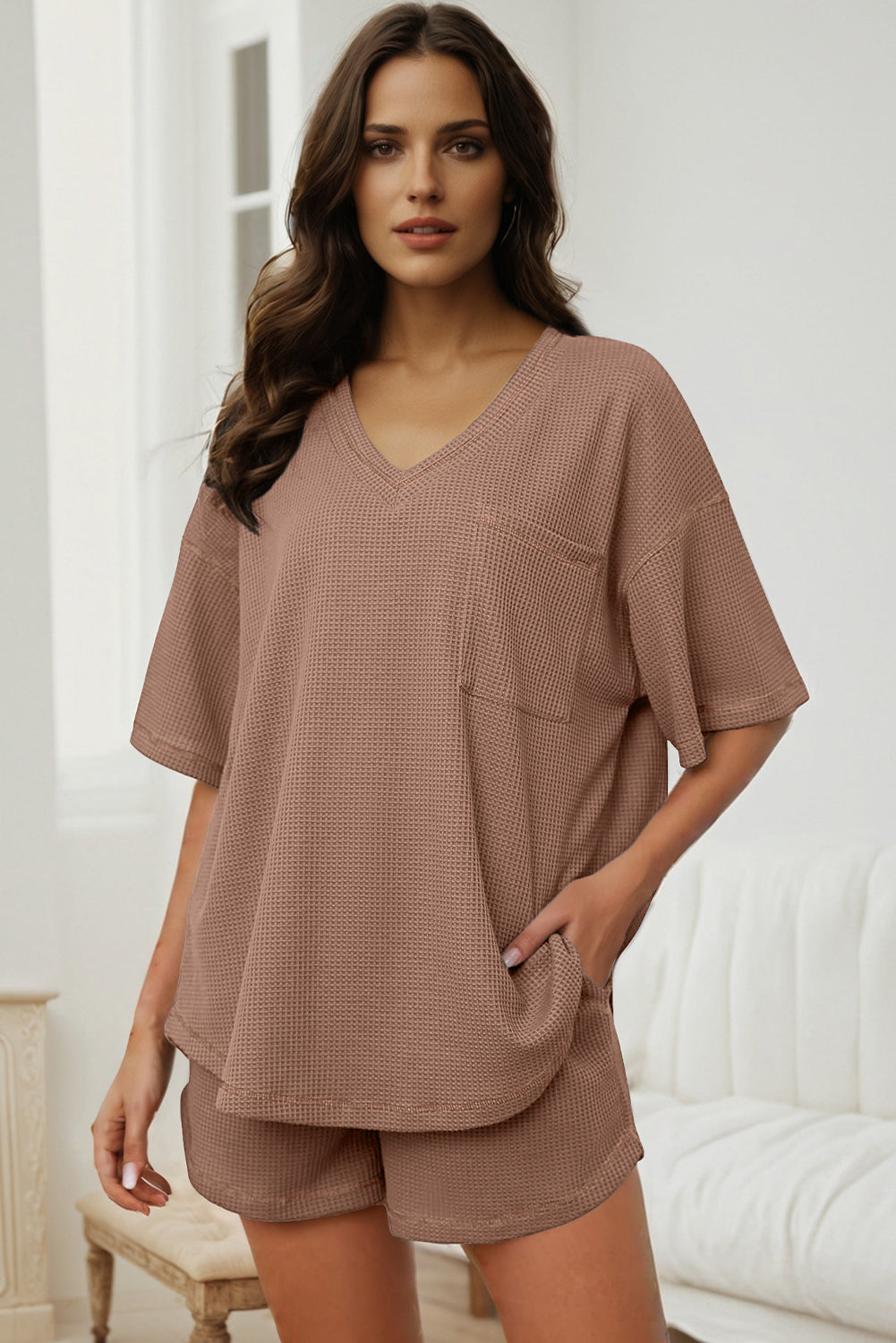 Rose Red Solid Color Waffled V Neck Loose Tee Drawstring Shorts Set