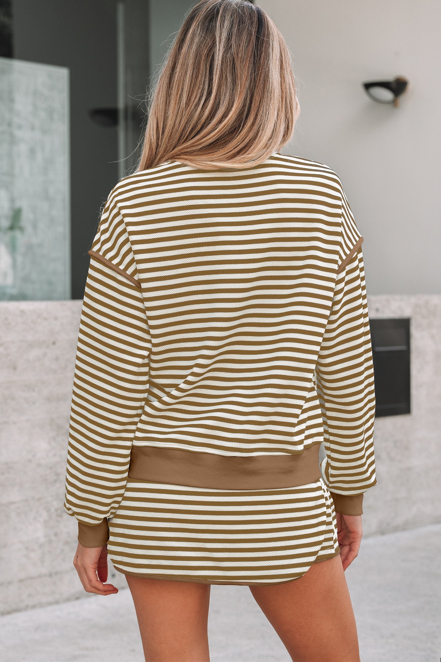 Black Stripe Textured Drop Shoulder Pullover Top Drawstring Mini Skirt Two Piece Dress Set