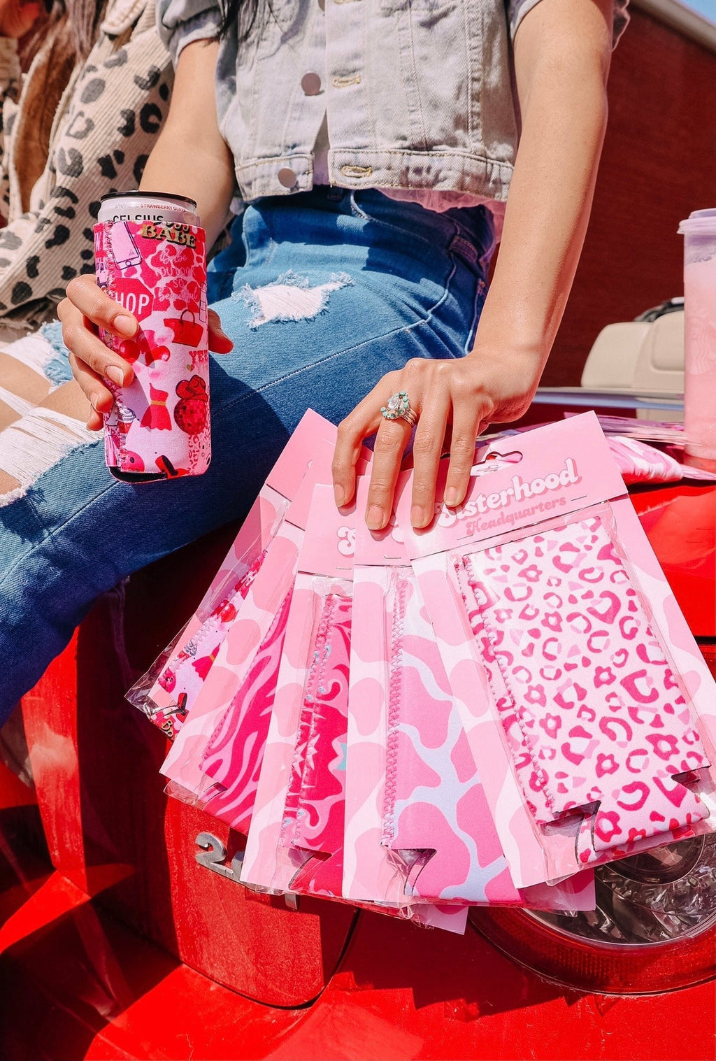 PINK COW PRINT TALL COOZIE 2-PACK
