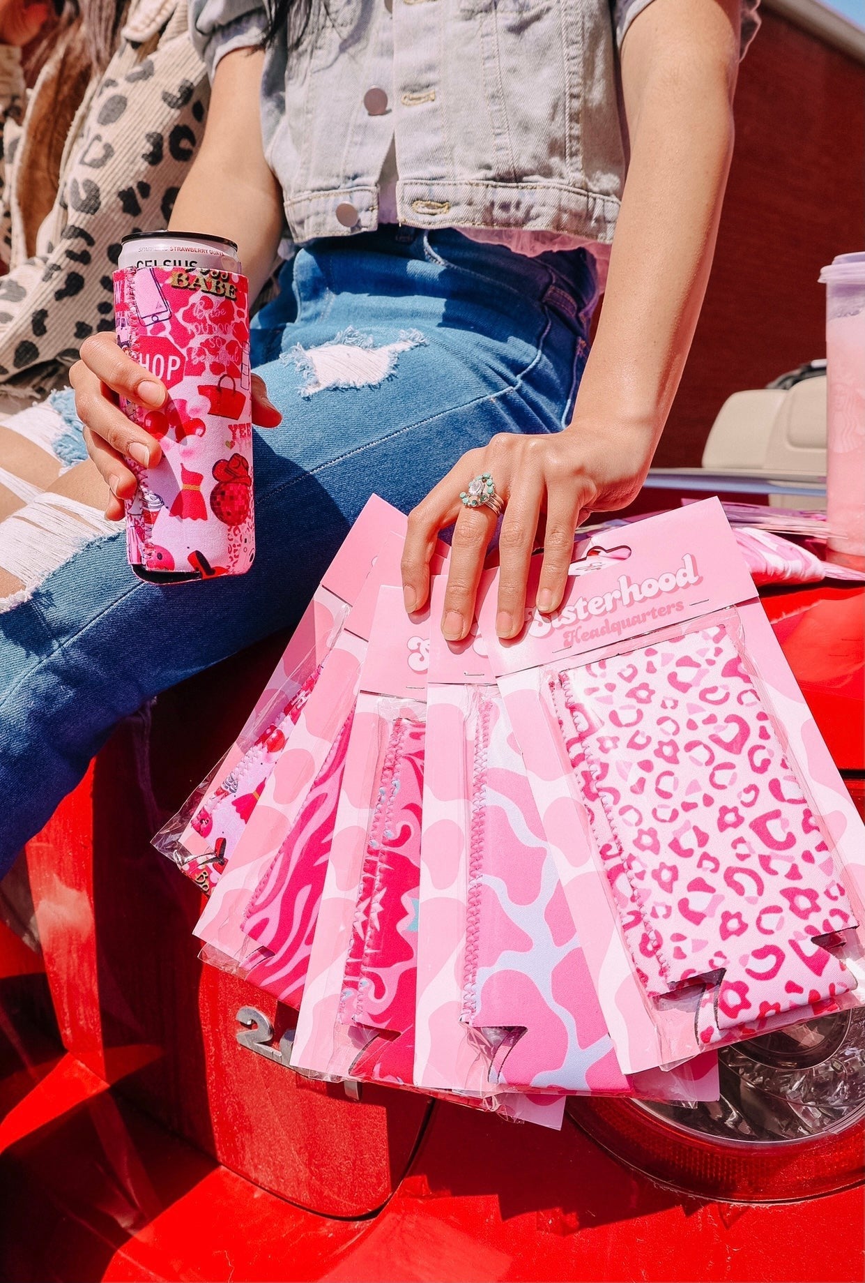 PINK COW PRINT TALL COOZIE 2-PACK