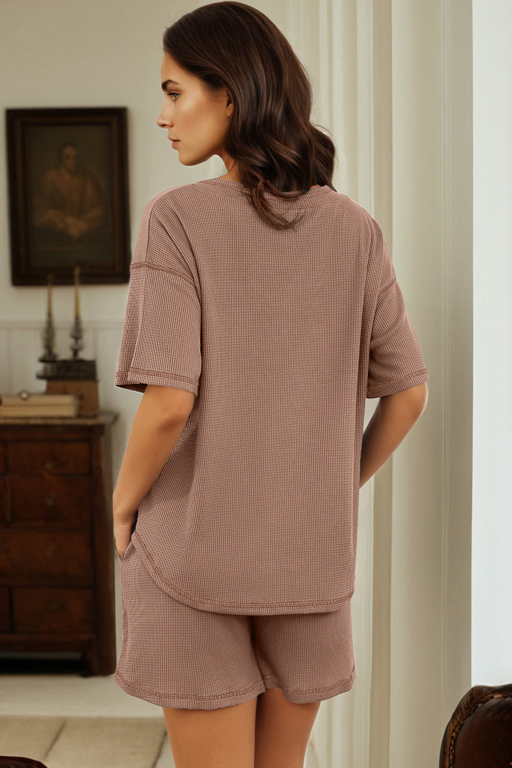 Rose Red Solid Color Waffled V Neck Loose Tee Drawstring Shorts Set