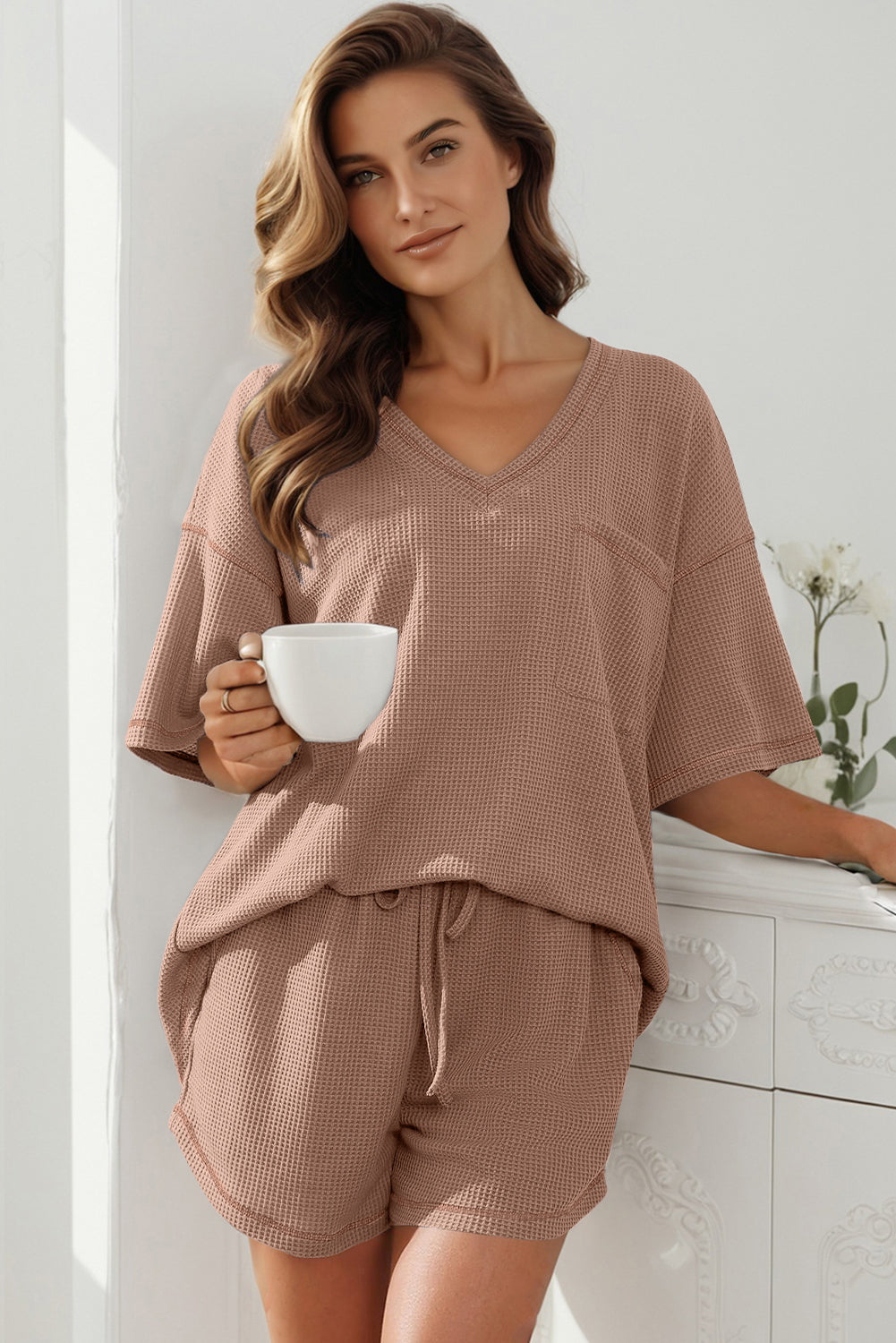 Rose Red Solid Color Waffled V Neck Loose Tee Drawstring Shorts Set