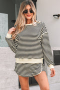 Black Stripe Textured Drop Shoulder Pullover Top Drawstring Mini Skirt Two Piece Dress Set