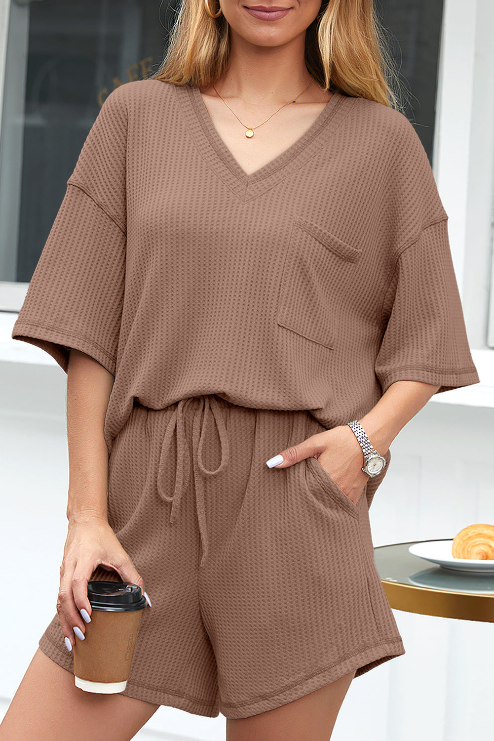 Rose Red Solid Color Waffled V Neck Loose Tee Drawstring Shorts Set