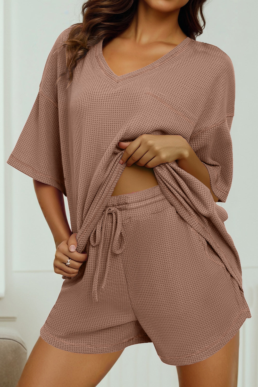 Rose Red Solid Color Waffled V Neck Loose Tee Drawstring Shorts Set