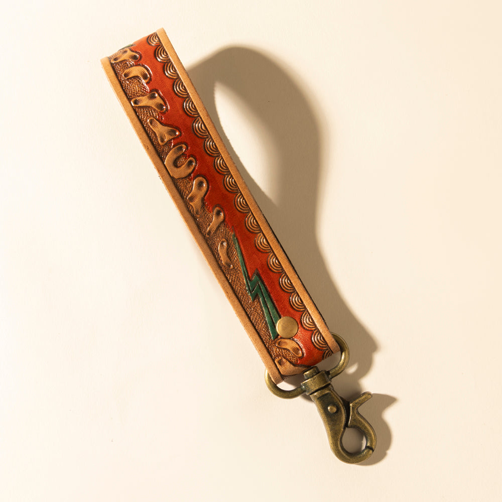 Myra Canyon Pass Handtooled Leather Key Fob in Amber