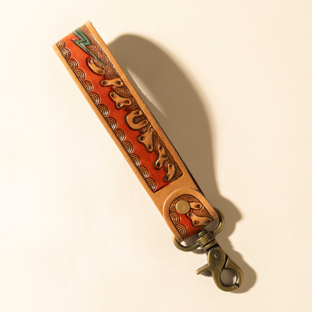Myra Canyon Pass Handtooled Leather Key Fob in Amber