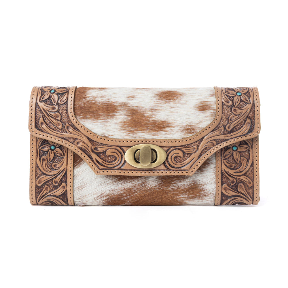 Myra Fern Pass Handtooled Hairon Leather Women’s Wallet in Warm Caramel