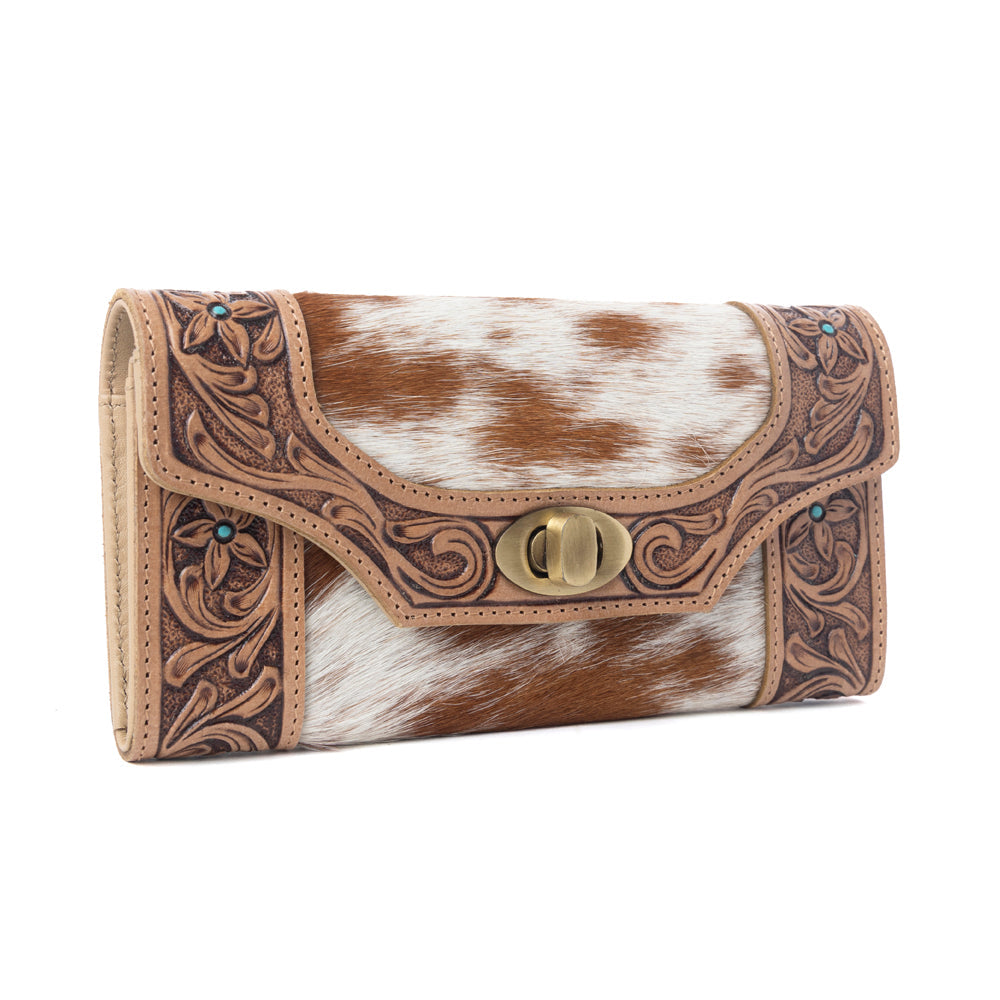 Myra Fern Pass Handtooled Hairon Leather Women’s Wallet in Warm Caramel