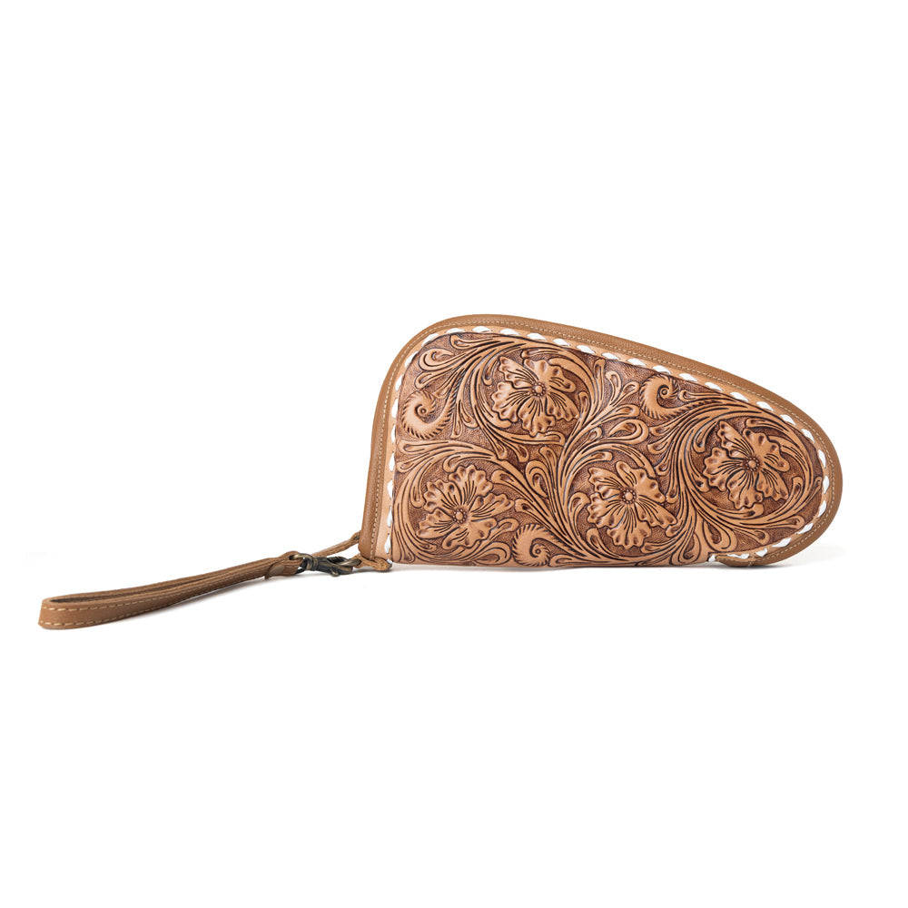 Myra Bronzefall Handtooled Leather Gun Case in Saddle Tan