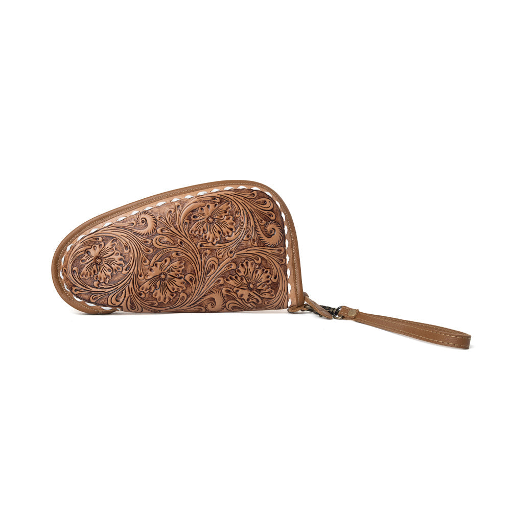 Myra Bronzefall Handtooled Leather Gun Case in Saddle Tan