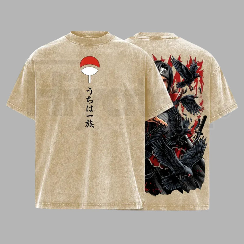 Uchiha Clan Slayer Vintage Washed T-Shirt – Dark Ninja Illusion Oversized Graphic Tee