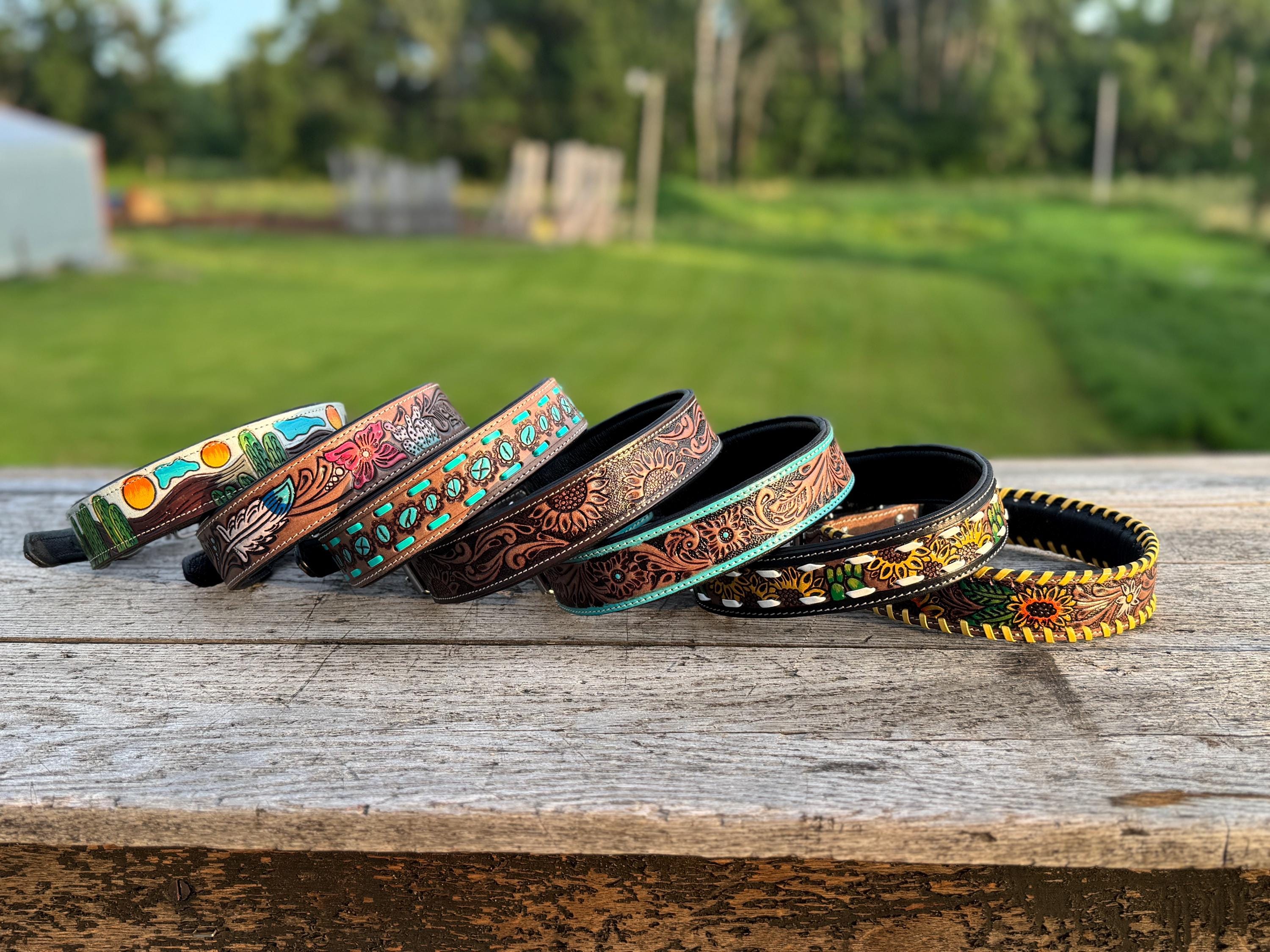 Western Genuine Leather dog collar or leash tooled details of sunflower daisy cactus floral turquoise feather by Double B Wild Rags
