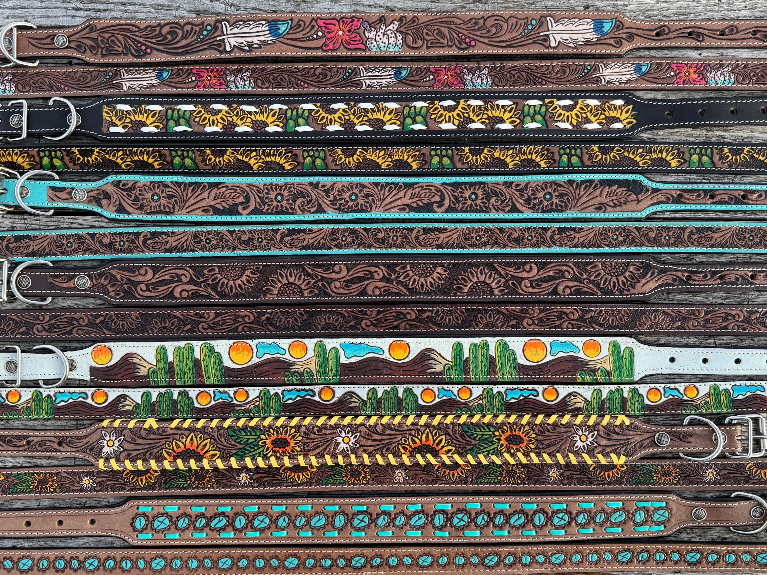 Western Genuine Leather dog collar or leash tooled details of sunflower daisy cactus floral turquoise feather by Double B Wild Rags